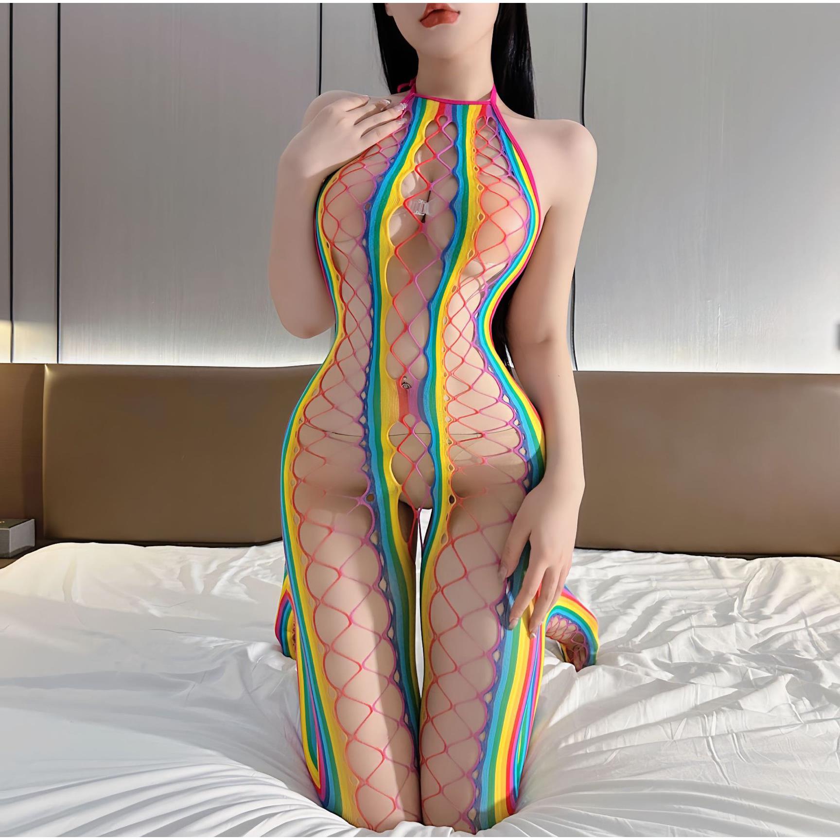 全身连体衣高弹透视巨显胸镂空渔网制服黑丝袜性感网袜连体网袜