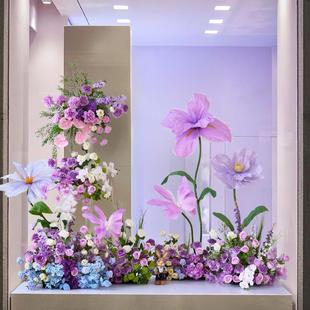 高端彷真花艺装饰品金店橱窗室内轻奢落地紫色假花彷真花绢花布置