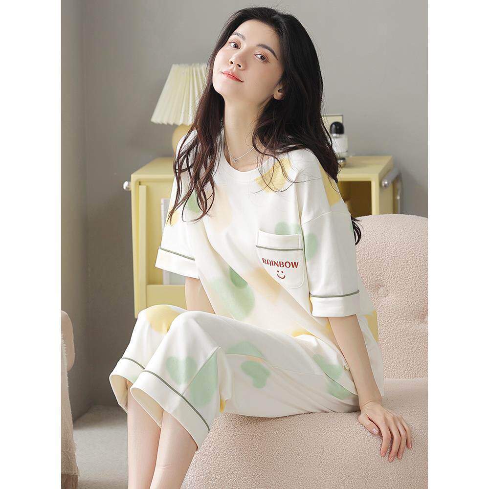 睡衣女士款2025新款夏季天全纯棉短袖七分裤超火家居服汗蒸服套装