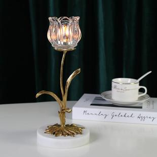 欧式轻奢蜡烛台摆件水晶玻璃铜大理石复古奢华家用浪漫餐桌装饰品