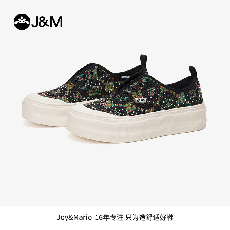 jm快乐玛丽乐福鞋女2024春季新款一脚蹬松糕厚底复古老花休闲鞋女