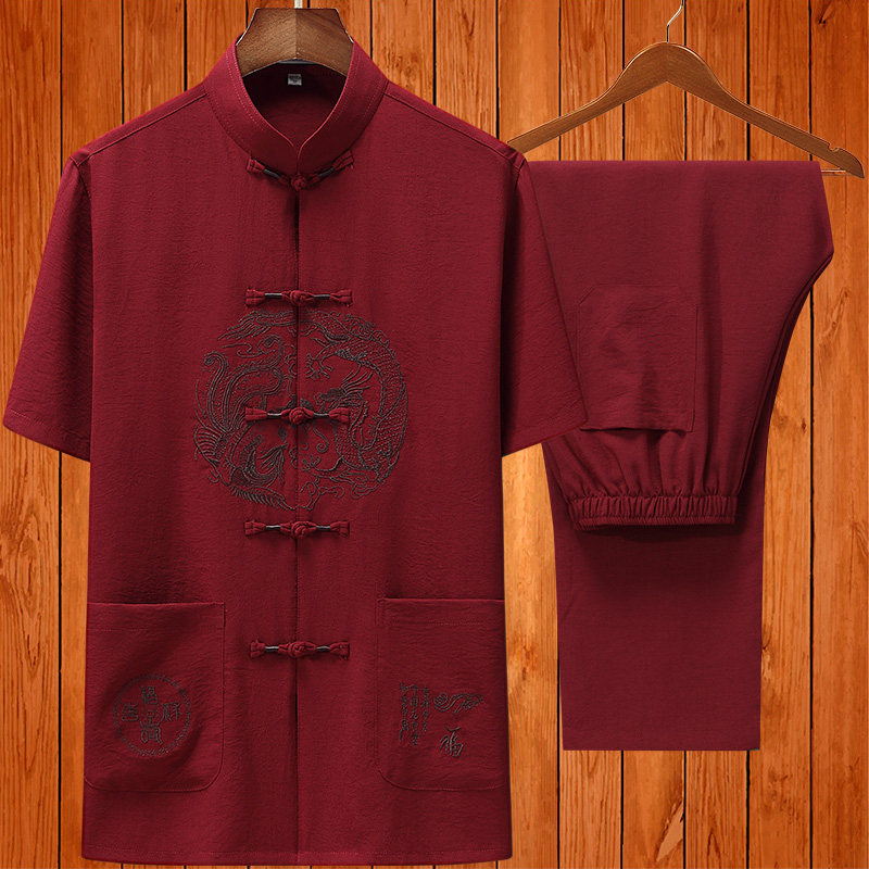 SUMMER CHINESE STYLE LINEN TANG COSTUME MENS SHORT-SLEEVED SUIT LAYMAN SUIT HALF-SLEEVED MIDDLE-AGED AND ELDERLY HANFU COTTON LINEN DAD SUIT