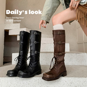 靴女2024新款 牛皮版 复古miu家内增高时装 做旧骑士靴皮带扣长筒靴