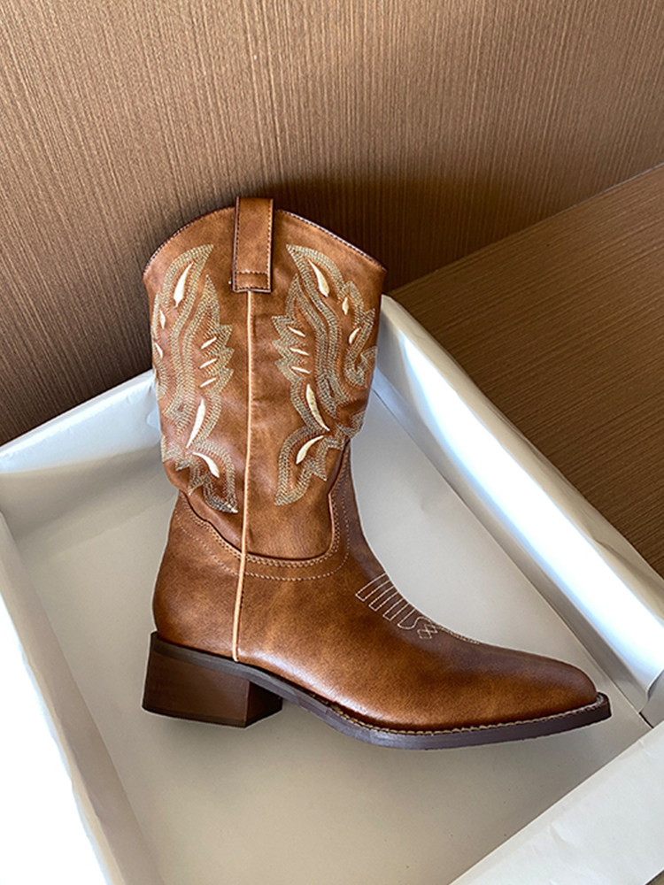 真皮西部牛仔靴刺绣骑士靴中筒马丁靴切尔西靴长筒靴子女2025新款
