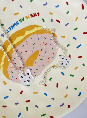 足银999小兔子项链纯银手链宝宝儿童定制刻卡通套装周岁生日礼物