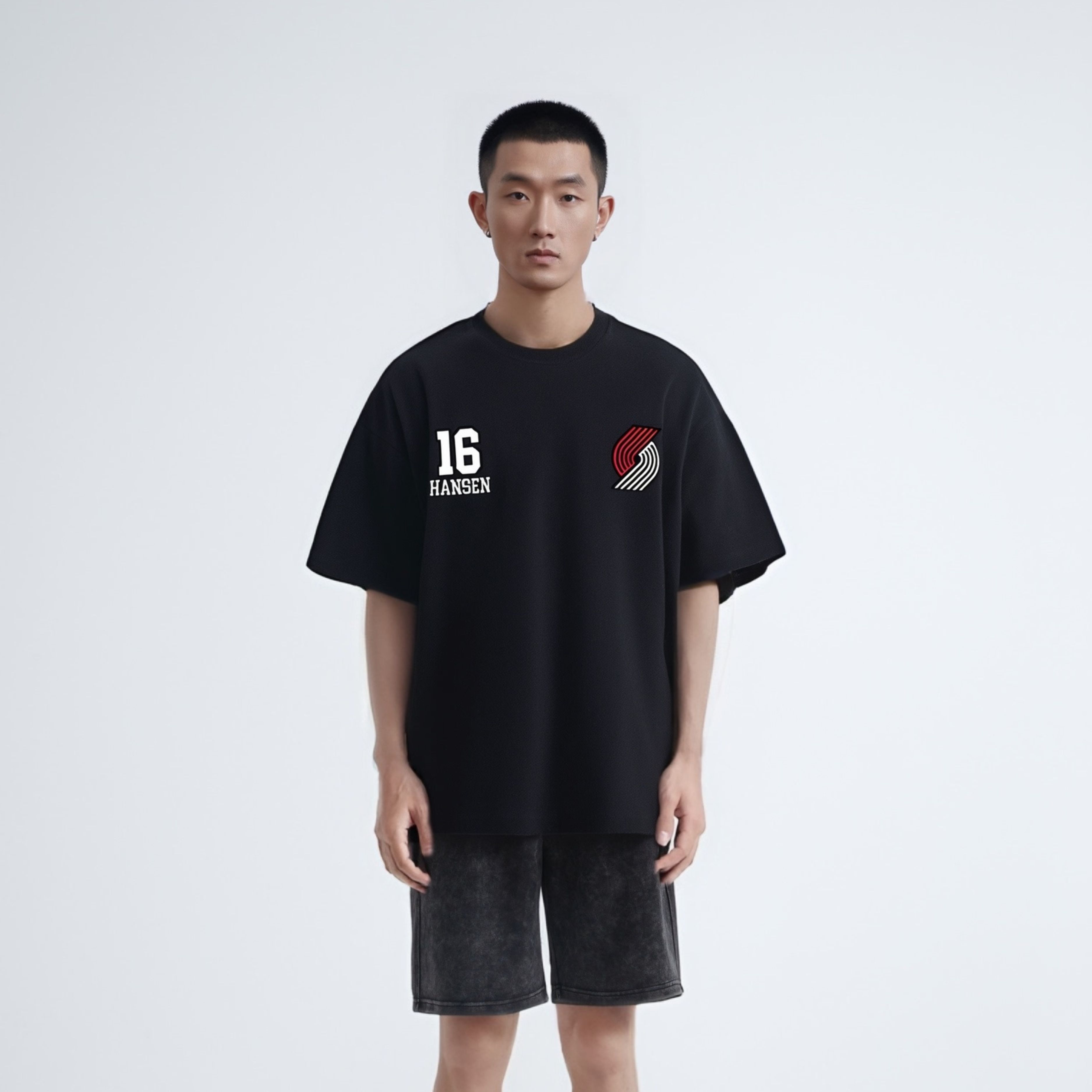 杨瀚森开拓者美式复古篮球运动速干宽松16号球衣短袖T恤投篮服