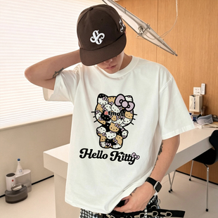 Hello Kitty黑皮凯蒂猫联名gotcha新款男女情侣美式复古短袖T恤