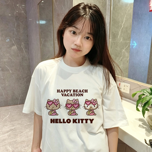 Hello Kitty黑皮凯蒂猫联名gotcha新款男女情侣美式复古短袖T恤