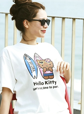 Hello Kitty黑皮凯蒂猫联名gotcha新款男女情侣美式复古短袖T恤