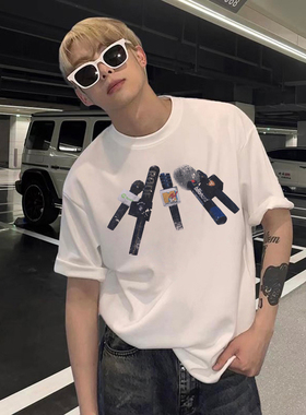 TGFCLUB美式街头潮牌嘻哈RapStar复古宽松采访话筒印花短袖T恤