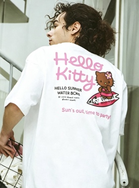 Hello Kitty黑皮凯蒂猫联名gotcha新款男女情侣美式复古短袖T恤