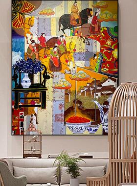 纯手绘法式中国风油画花鸟复古混搭马古画古风装饰画国潮风装饰画
