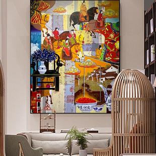 纯手绘法式中国风油画花鸟复古混搭马古画古风装饰画国潮风装饰画