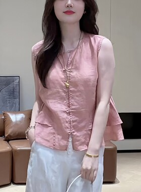 法式巨好看荷叶边单排扣无袖衬衫女夏季时尚气质漂亮小衫背心上衣