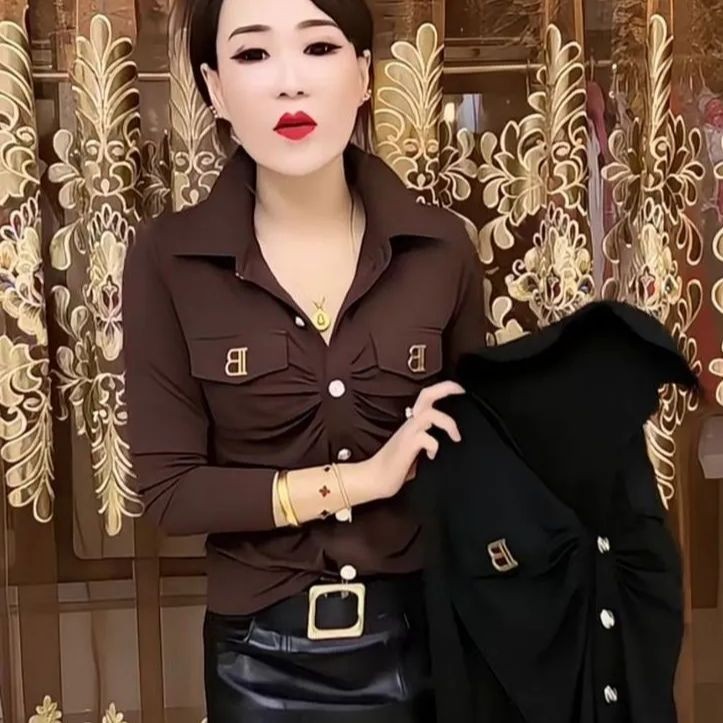 高级感POLO领长袖衬衫女春秋褶皱遮肉显瘦减龄百搭名媛风内搭上衣