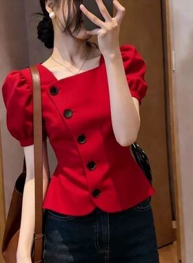 轻熟小众红色上衣方领泡泡袖短袖收腰显瘦百搭显白上衣2026春季女