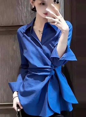 蓝色翻领绑带收腰长袖衬衫女春季2026年新款洋气减龄显瘦衬衣上衣