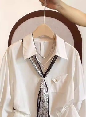 气质polo领白色长袖衬衣女款2025新款爆款秋季丝巾领褶皱衬衫上衣