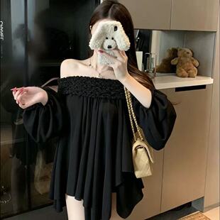 设计感一字肩泡泡袖长袖韩版女款套头黑色不对称露肩宽松减龄上衣