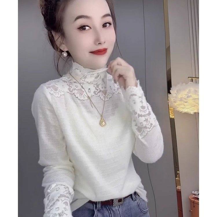 欧货钩花蕾丝高领漂亮打底小衫女毛针织衫