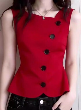 红色V领单排扣收腰下摆荷叶边马甲2026春季女装新款漂亮无袖上衣