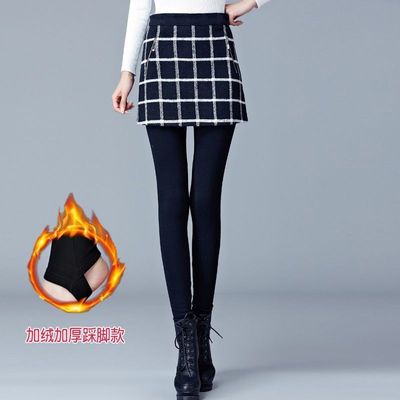 秋冬加绒加厚假两件打底裤女外穿踩脚袜裤保暖包臀裙裤一体连裤裙