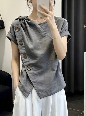 大码设计感不规则短袖衬衫女夏季胖mm遮肚子显瘦巨好看的灰色上衣