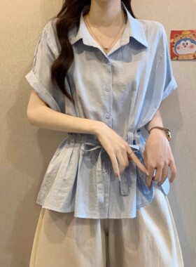 微胖mm漂亮蓝色短袖衬衫女装2025夏季新款爆款收腰遮肚巨好看上衣