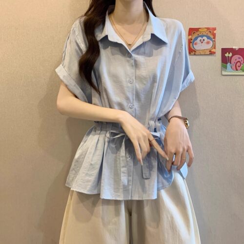 微胖mm漂亮蓝色短袖衬衫女装2025夏季新款爆款收腰遮肚巨好看上衣