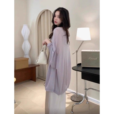 紫色温柔慵懒风薄款宽松长款防晒开衫2025夏季新款冰丝针织外套女