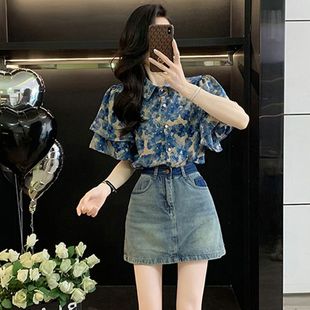 衬衣女 夏季 新款 甜美印花衬衫 女上衣高级感洋气宽松显瘦荷叶边短袖