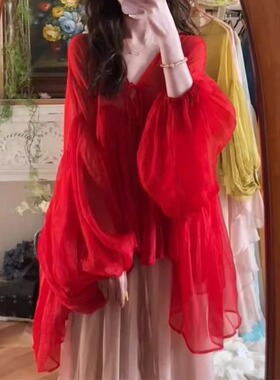 法式度假风红色雪纺衬衫女薄款夏季多巴胺设计感小众微透防晒上衣