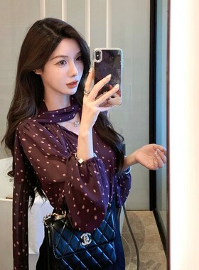 设计感小众v领蝴蝶结波点衬衫女2025秋季新款韩版宽松小个子上衣