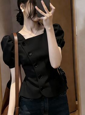 法式小众红色方领泡泡袖衬衫女夏季新款轻奢气质掐腰显瘦显白上衣