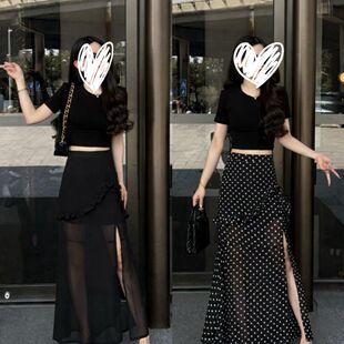黑色波点网纱荷叶边半身裙女夏季薄款设计感高腰侧开叉a字长裙