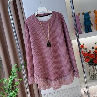 2025秋季新款蕾丝边设计加绒加厚宽松显瘦休闲大版中长款卫衣潮
