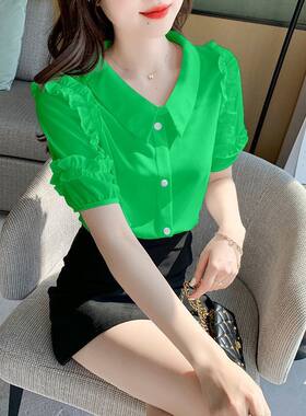 娃娃领雪纺短袖衬衫上衣夏季2025年新款女士气质衬衣法式独特别致