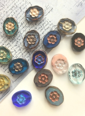 捷克琉璃椭圆珠印章花约14x10mm