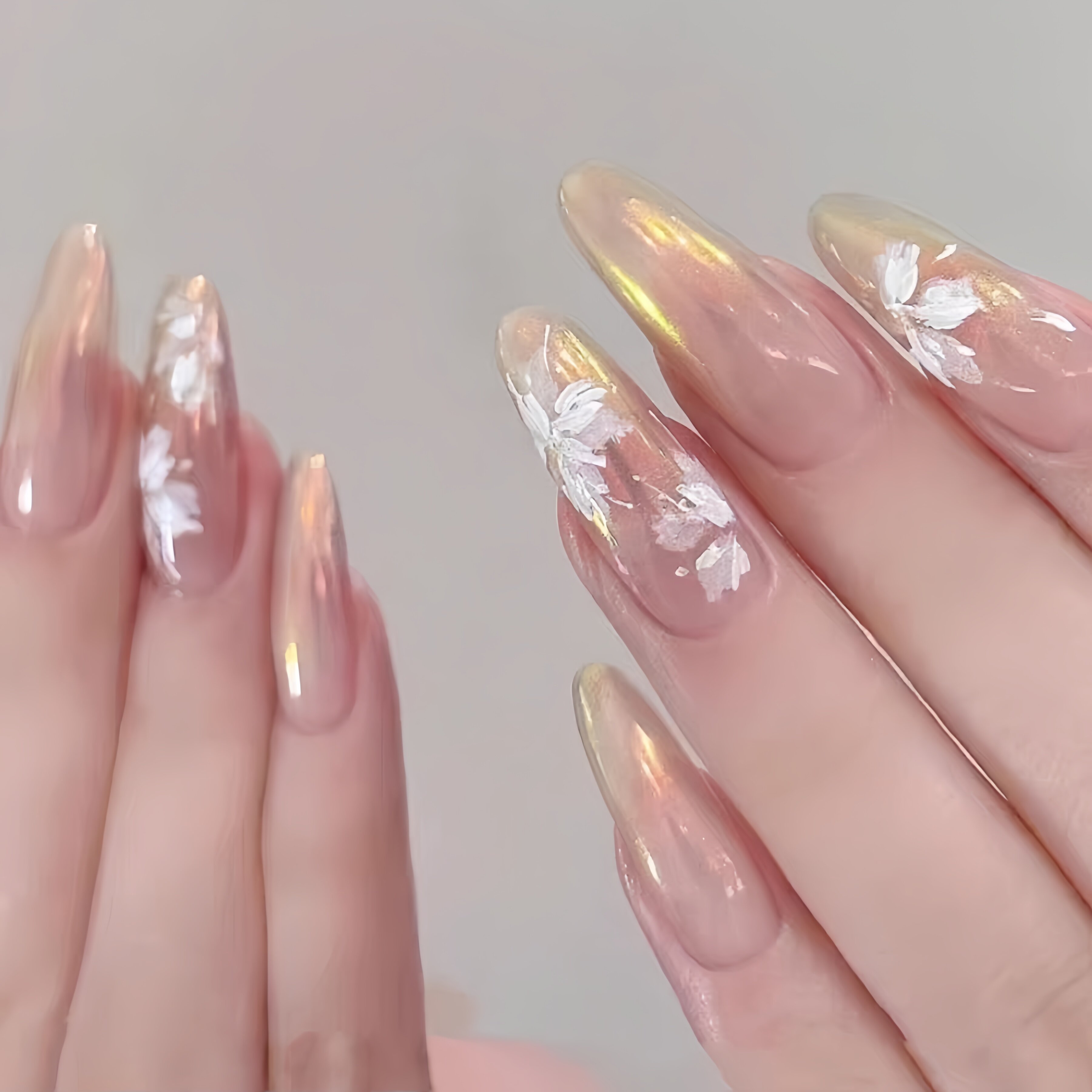 极光手绘花卉美甲手工定制成品