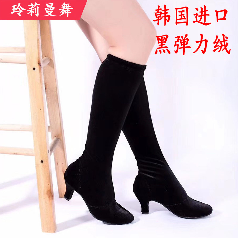 秋冬款女士舞蹈靴子进口加厚弹力绒软底中低跟跳舞靴中低筒舞蹈鞋