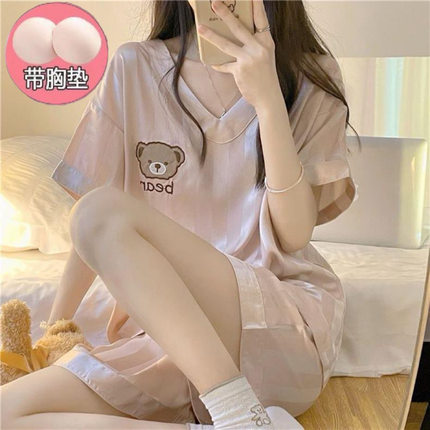 带胸垫睡衣少女夏季新款薄款凉感冰丝短袖学生可外穿家居服两件套