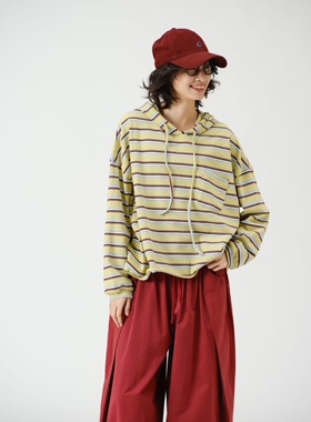 讠木女装2026春款新卫衣35989 休闲文艺宽松条纹长袖连帽纯棉卫衣