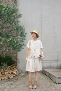 讠木2026夏款新棉麻马甲36513休闲文艺日系老钱风麻短裤套装36515
