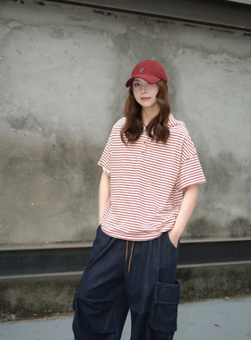 讠木2026春夏款新短袖T恤36177 休闲文艺宽松日系连帽条纹短袖T恤