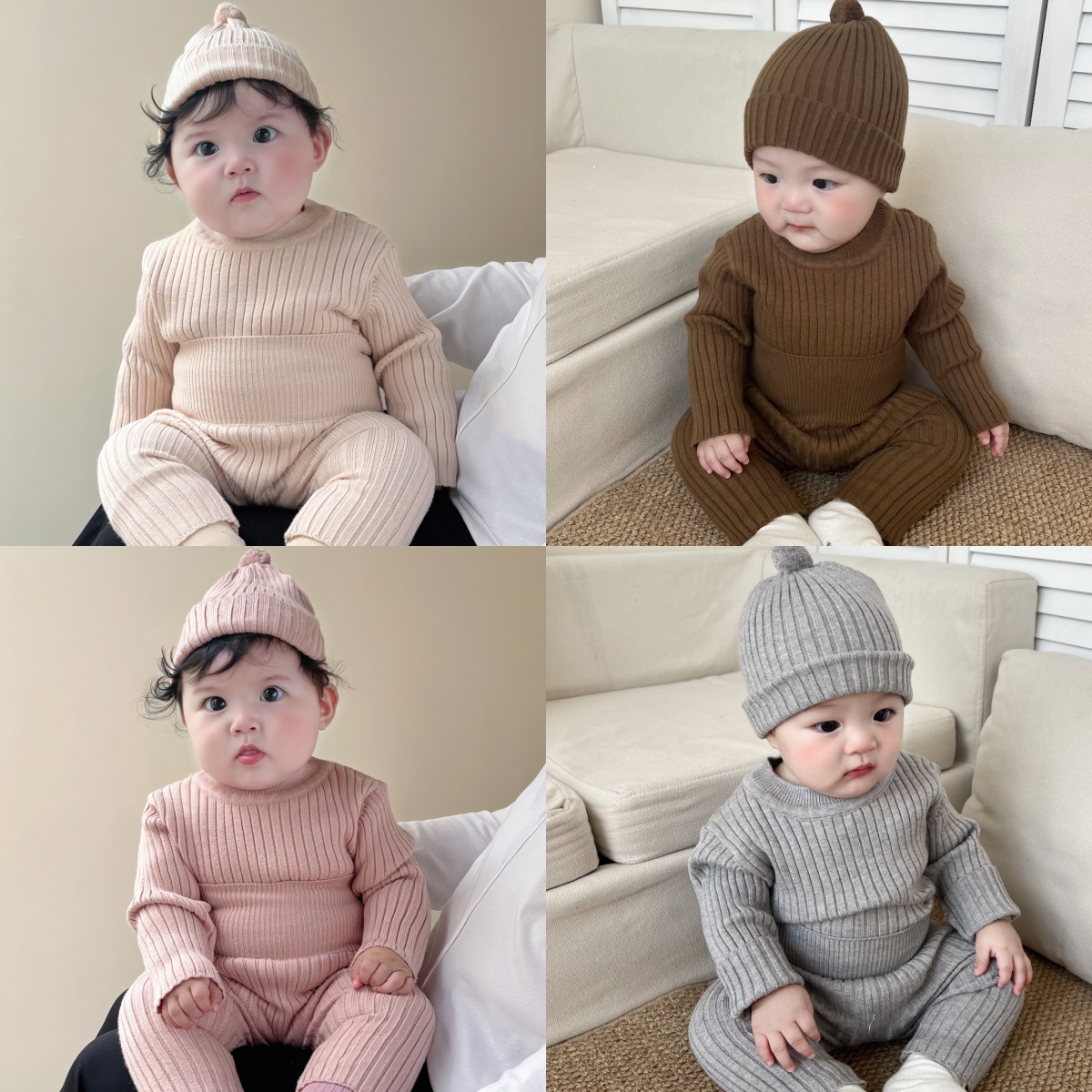 婴儿衣服春秋男女宝宝坑条弹力毛衣针织高腰护肚长裤分体套装保暖