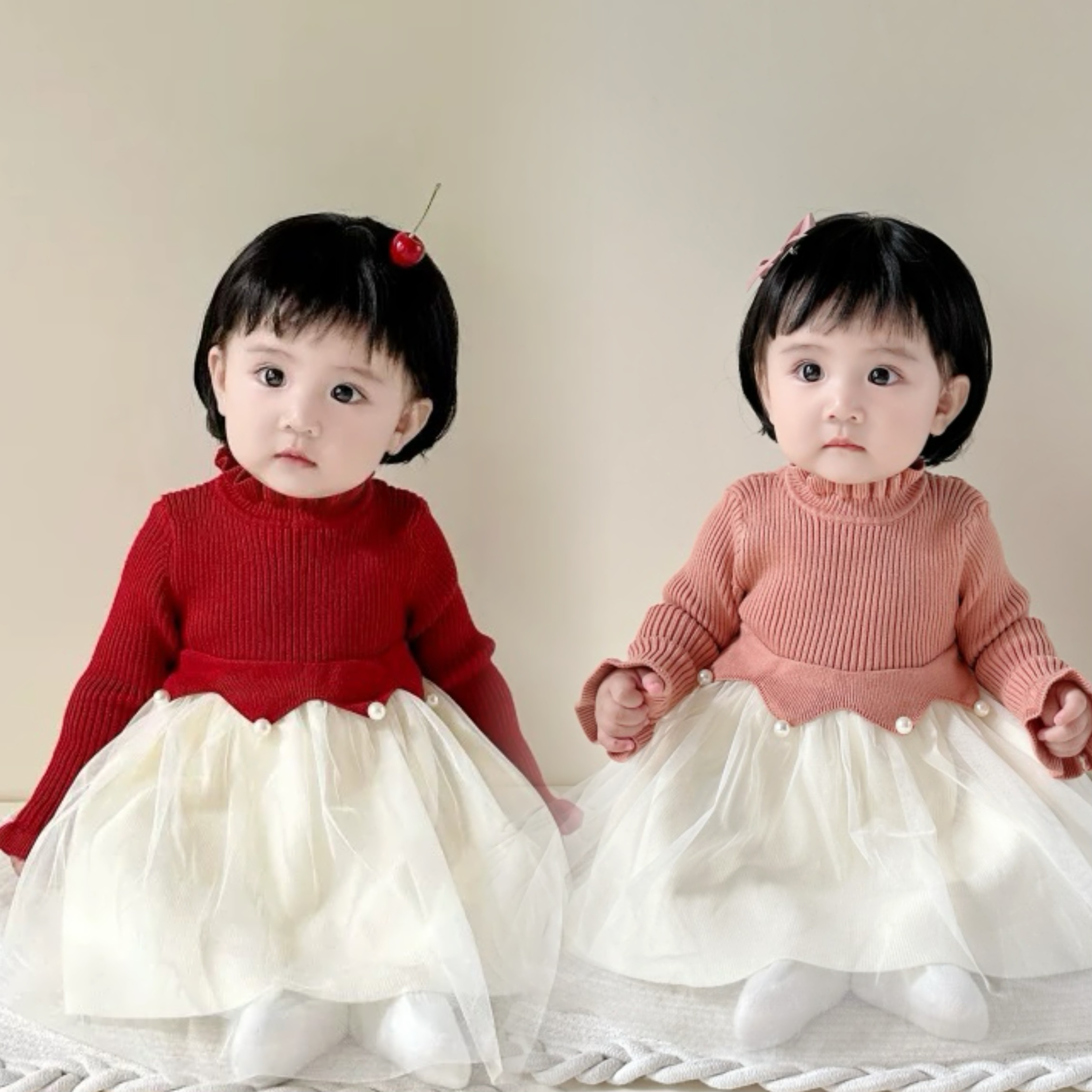 婴儿裙子春秋冬女宝宝木耳边针织连衣裙公主网纱裙周岁圣诞新年裙