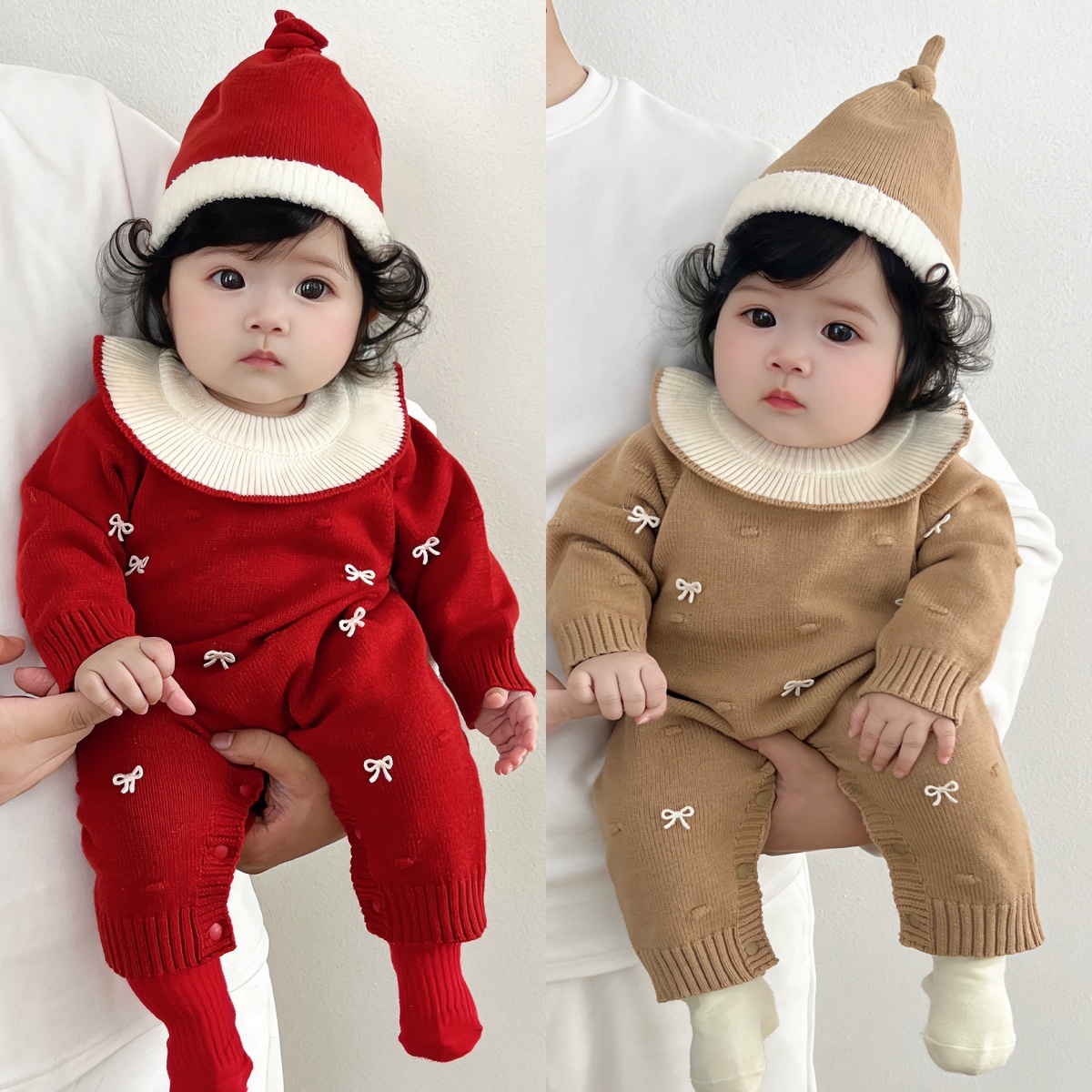 婴儿连体毛衣春秋女宝宝公主领蝴蝶结哈衣针织爬服百日周岁新年服