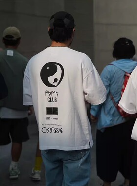oarism 太极乒乓T恤男女宽松款街头印花纯棉重磅透气水洗破坏短袖