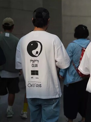 oarism 太极乒乓T恤男女宽松款街头印花纯棉重磅透气水洗破坏短袖