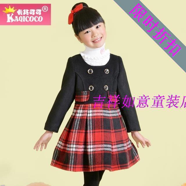 卡其可可童装女连衣裙2016冬季新款儿童长袖格子毛呢10岁11岁
